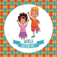 pareja de niños del día mundial del autismo con piezas de rompecabezas vector