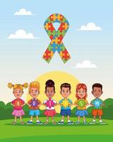 world autism day kids with ribbon puzzle in landscape vector