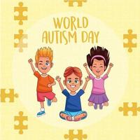 niños del día mundial del autismo con piezas de rompecabezas vector