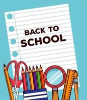 back to school lettering in notebook sheet paper with supplies vector