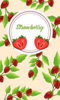 fresh strawberries fruits and lettering in circular frame vector