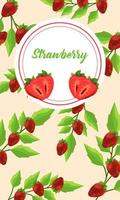 fresh strawberries fruits and lettering in circular frame vector