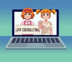 laptop with teenagers girls couple lifting stop cyber bullying banner vector