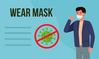 wear mask covid19 prevention campaign with man using medical mask vector