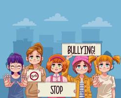 young teenagers girls with stop bullying letterings in protest banners vector