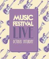 cartel de letras del festival de música con patrón de instrumentos vector