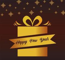 Feliz año nuevo tarjeta de letras con cinta dorada en regalo