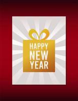 Feliz año nuevo tarjeta de letras con regalo dorado en fondo rojo. vector