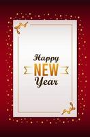 happy new year lettering card with golden ribbon in red background vector