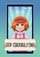 Smartphone con chica adolescente levantamiento stop cyber bullying rotulación en banner vector