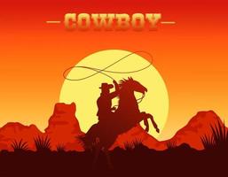 cowboy lettering in wild west scene with cowboy lassoing in horse vector