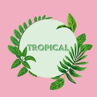 cartel de letras tropicales con hojas verdes en marco circular vector