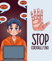 Muchacho joven adolescente usando la computadora portátil con letras stop cyber bullying vector