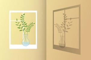 Leaves in a vase stands on the window in the sunlight. A shadow falls on the wall vector