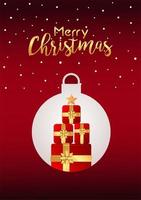 Feliz navidad y próspero año nuevo tarjeta de letras con regalos en bola colgando vector