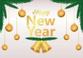 feliz año nuevo letras tarjeta dorada con bolas y campanas colgando en abetos vector