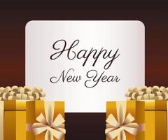 feliz año nuevo tarjeta de letras con regalos dorados vector