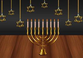 Feliz celebración de Hanukkah con candelabros y estrellas colgando en la mesa de madera vector