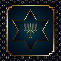 feliz celebración de hanukkah con candelabro dorado y estrellas en marco cuadrado vector