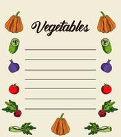 Letras de verduras en nota de papel con alimentos nutritivos. vector