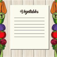 Letras de verduras en nota de papel con comida vegana vector