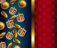 happy hanukkah celebration with dreidels and coins in golden frame vector