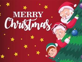 happy merry christmas lettering card with santa family and elf in pine tree vector