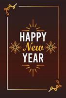 happy new year lettering card with snowflakes golden in square frame vector
