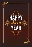 happy new year lettering card with snowflakes golden in square frame vector