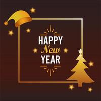 happy new year lettering card with santa hat and pine tree golden vector