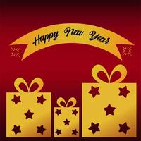 happy new year lettering card with golden gifts and ribbon vector