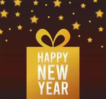 feliz año nuevo tarjeta de letras con estrellas doradas y regalo vector