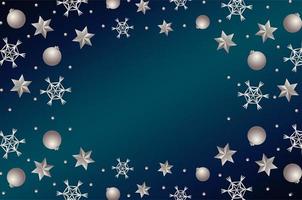 happy merry christmas silver stars and balls frame vector