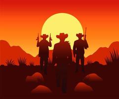 Escena del desierto al atardecer del salvaje oeste con vaqueros y pistolas vector