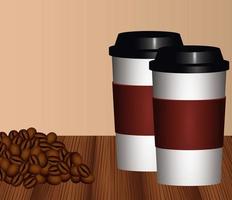 delicious coffee drink poster with seeds and cups drink in wooden table vector