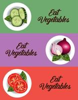 Comer cartel de letras de verduras con platos y comida sana. vector