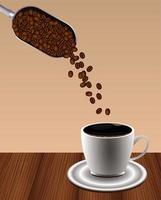 delicioso cartel de bebida de café con taza y semillas, pala, cuchara vector