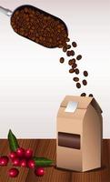 delicioso cartel de bebida de café con semillas en embalaje de pala y caja vector