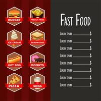 delicious fast food list menu template with lettering in red and gray background vector