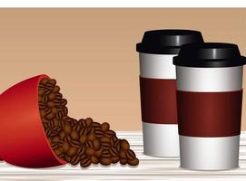 delicious coffee drink poster with seeds and cups plastic vector