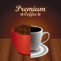 premium coffee lettering with grains and beverages in cups vector