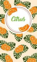 Cartel de cítricos con marco circular de naranjas y hojas. vector