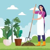 Gardening woman with rake and plants pots vector design