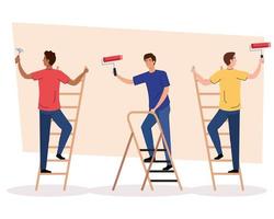 Hombres con martillo de construcción y rollos de pintura en escaleras de diseño vectorial vector