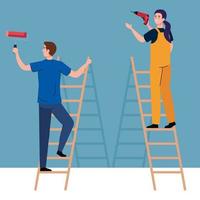 Hombre y mujer con taladro de construcción y rollo de pintura en escaleras de diseño vectorial vector