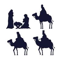 Feliz Navidad y Natividad conjunto de iconos siluetas diseño vectorial