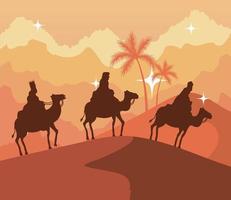 Natividad tres reyes magos en el desierto sobre fondo naranja diseño vectorial vector