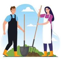 Gardening man and woman with rake and shovel vector design