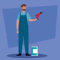 man cartoon with construction drill and paint bucket vector design