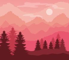 pink landscape with pine trees and mountains vector